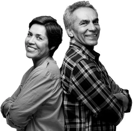 The Life! Program - Happy middle-aged couple standing back-to-back, symbolizing readiness to take control of their health. This image accompanies the message about the Life! Program, encouraging individuals to lower their risk of chronic diseases and check their eligibility for the program.